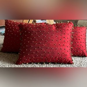 Accent Pillows. Set of 3 Red beaded with bronze bell accents. So cute!